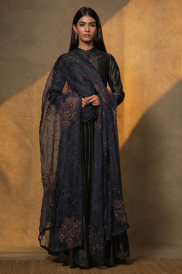 Navy Hand Embroidered Tissue Lehenga with Blouse & Organza Dupatta