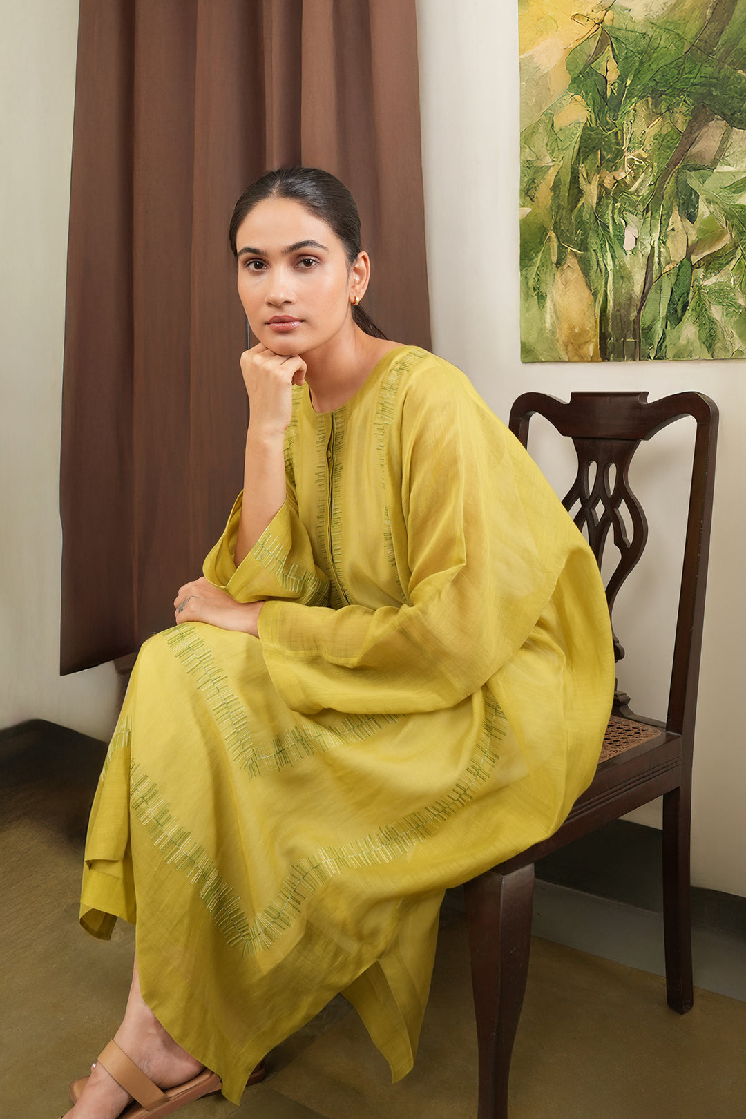 Lime Green Embroidered Chanderi Kaftan with Cotton Slip