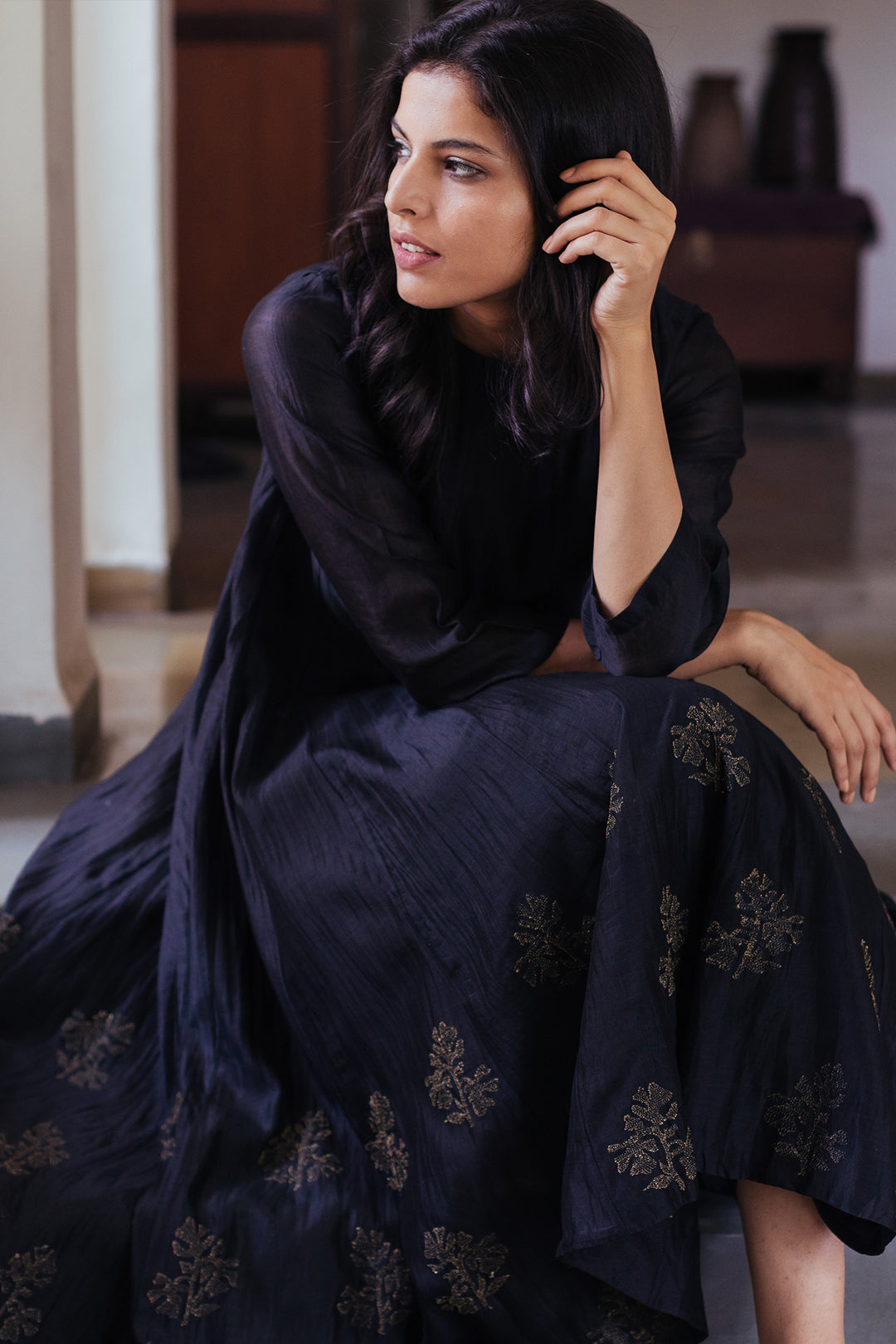 Black chanderi crinckled kurta