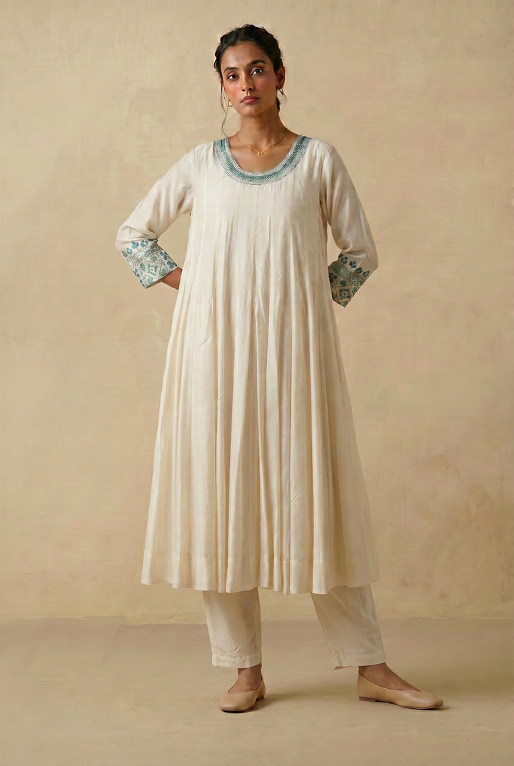 Off White & Teal Embroidered Cotton Silk Kurta Set