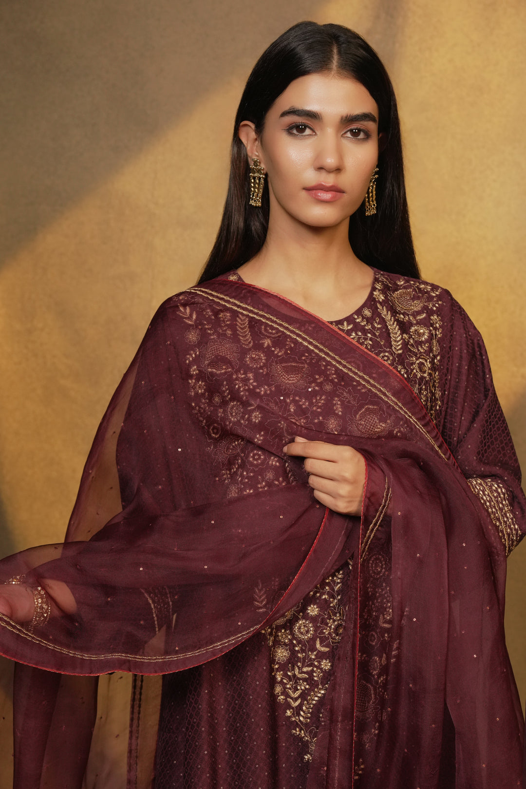 Plum Hand Embroidered Brocade Kurta with Pants and Organza Dupatta