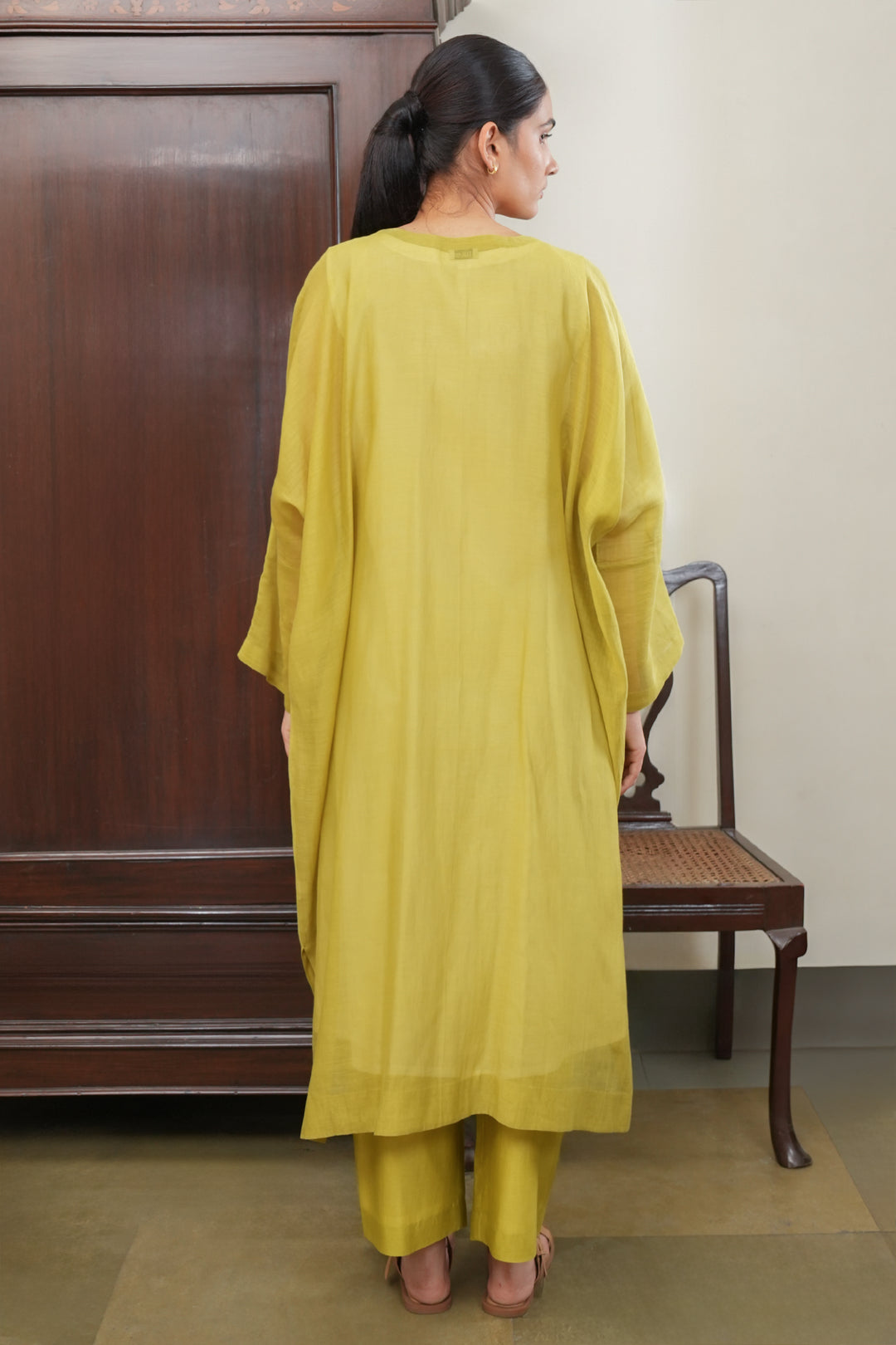 Lime Green Embroidered Chanderi Kaftan with Cotton Slip