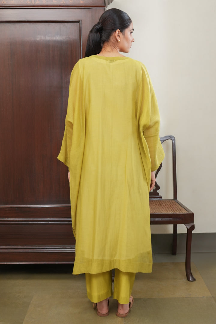 Lime Green Embroidered Chanderi Kaftan with Cotton Slip