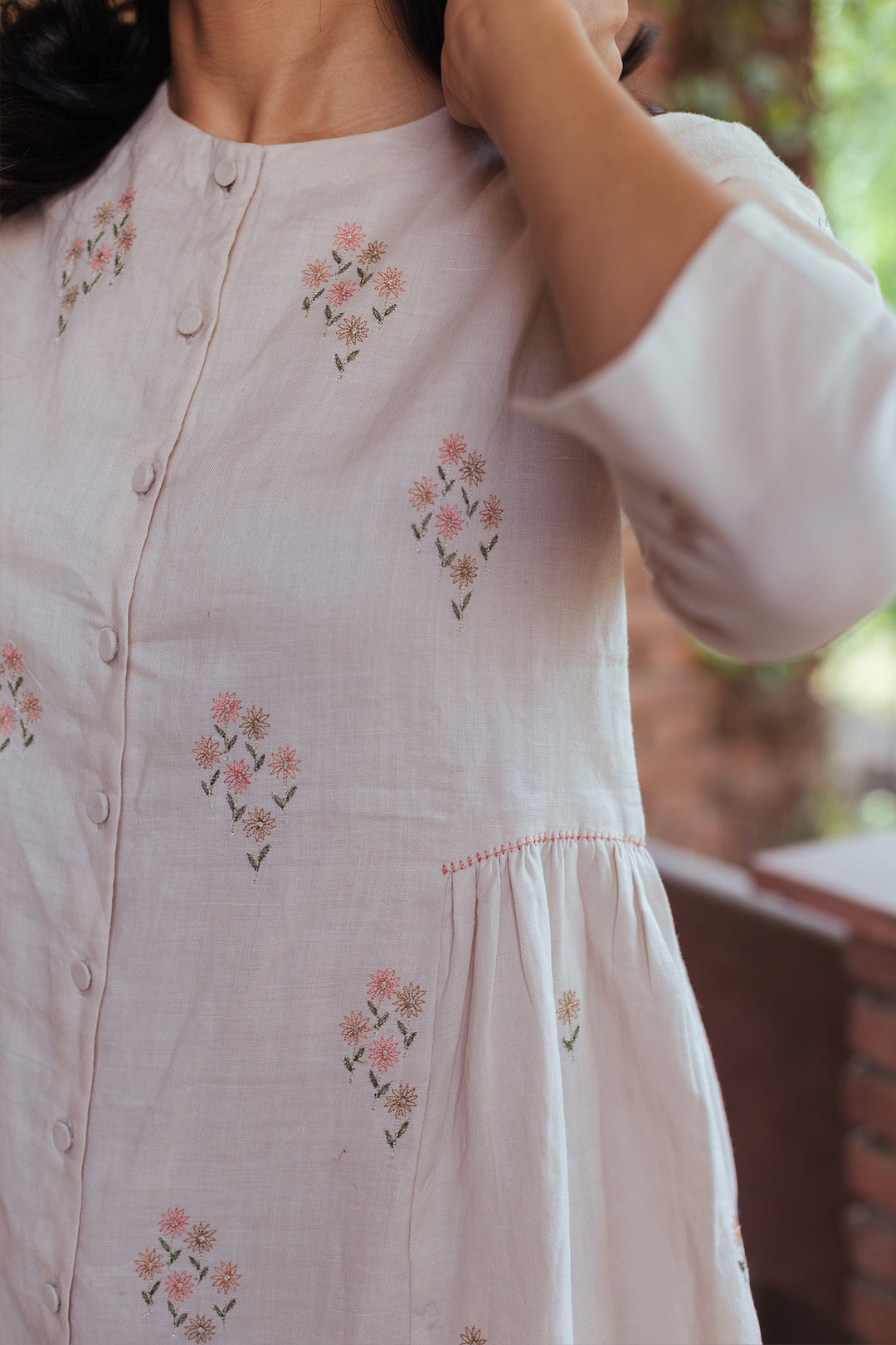 Beige linen embroidered kurta