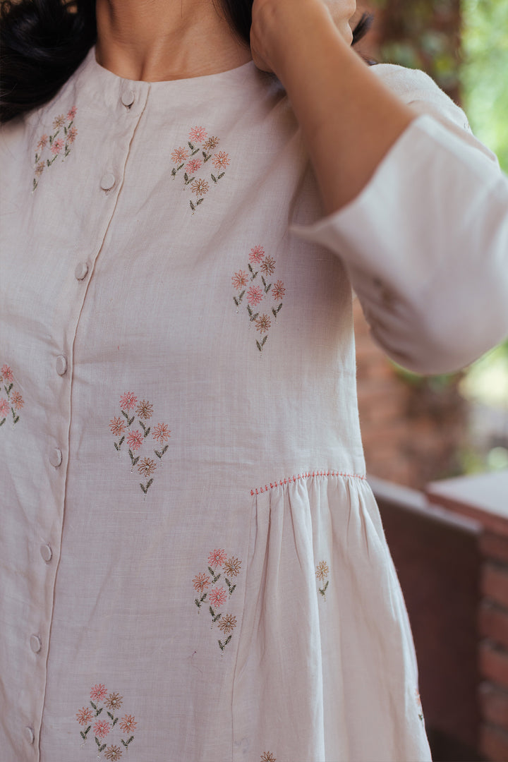 Beige linen embroidered kurta