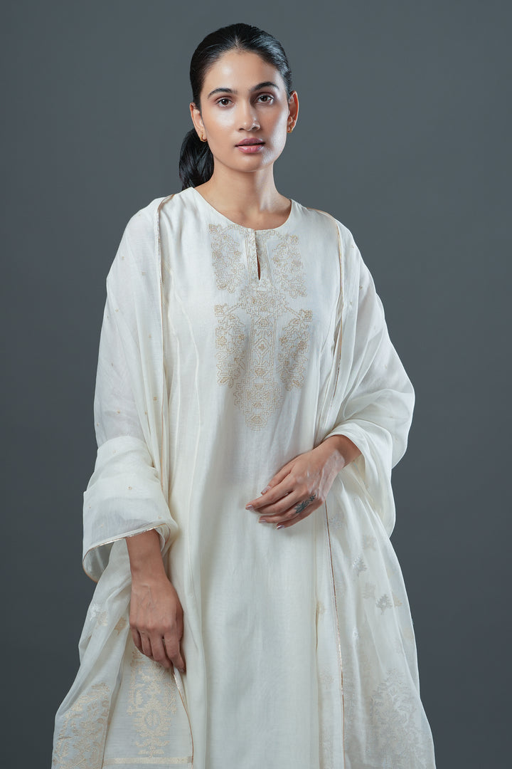 Natural Embroidered Chanderi Kurta