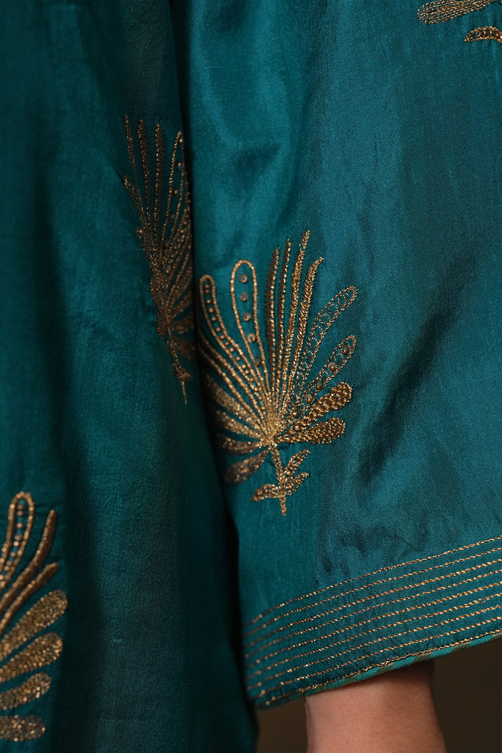 Teal Hand Embroidered Silk Kurta with Pants and Dupatta