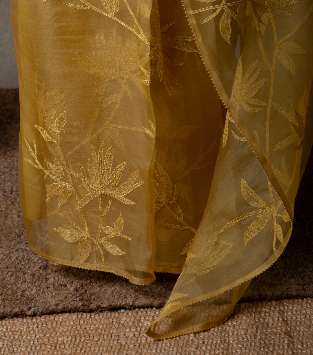 Yellow Hand Embroidered Organza Saree