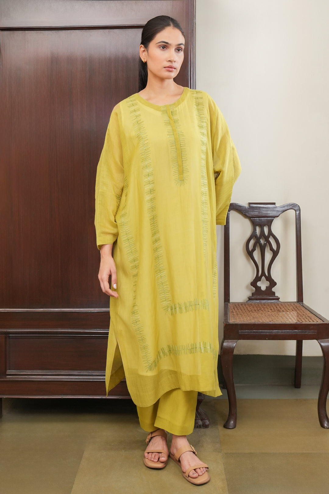Lime Green Embroidered Chanderi Kaftan with Cotton Slip