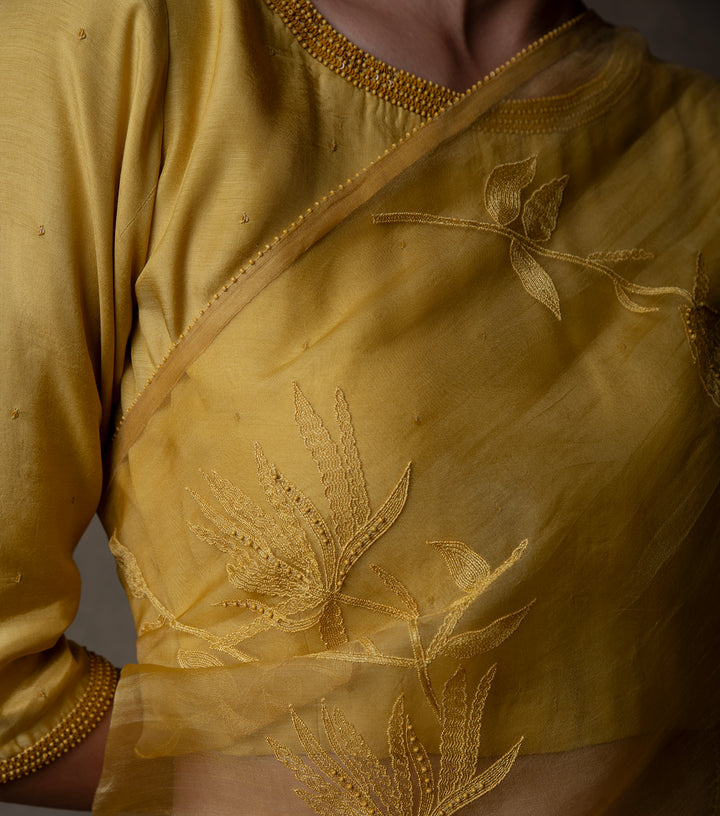 Yellow Hand Embroidered Organza Saree
