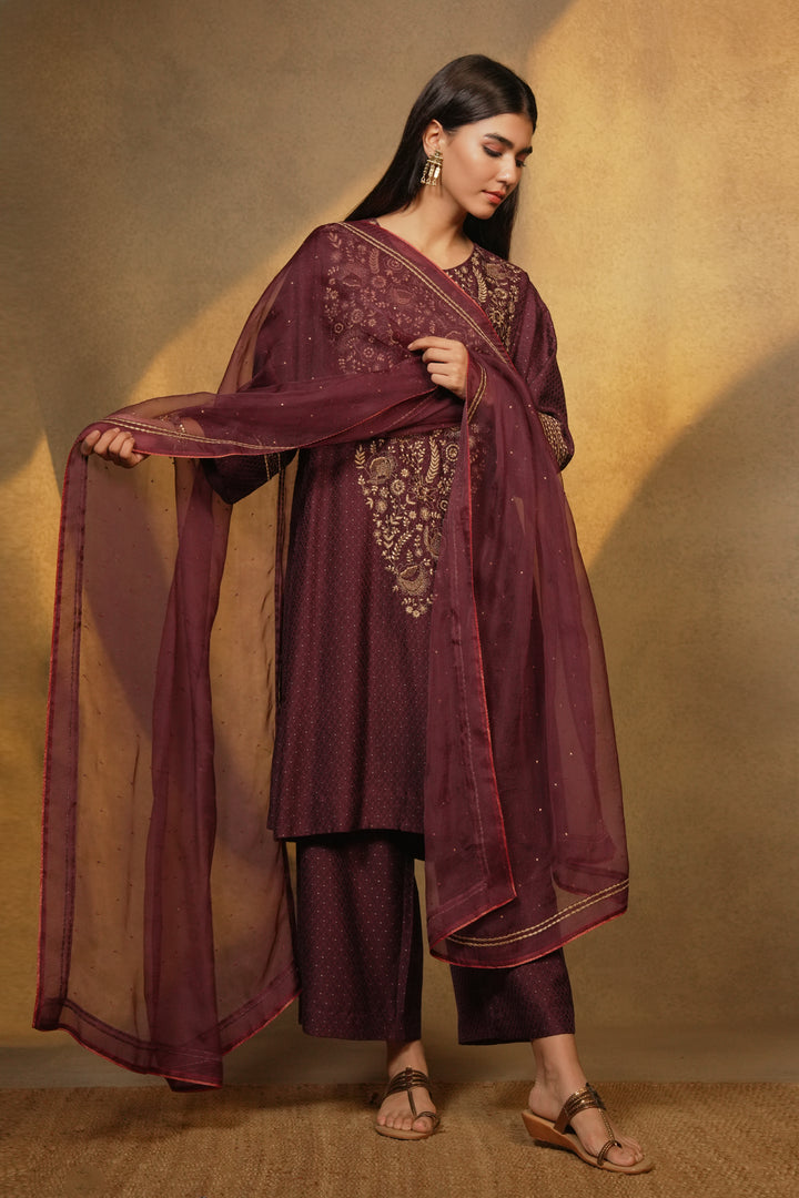 Plum Hand Embroidered Brocade Kurta with Pants and Organza Dupatta