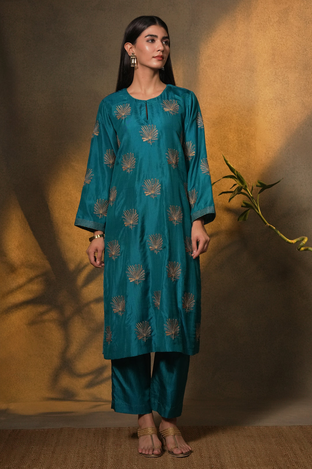 Teal Hand Embroidered Silk Kurta with Pants and Dupatta