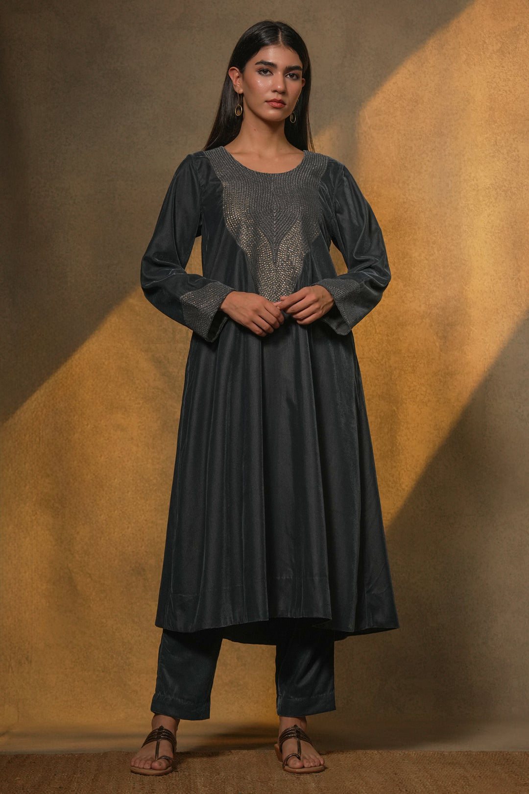 Petrol Blue Velvet Kurta with Pants and Organza Dupatta