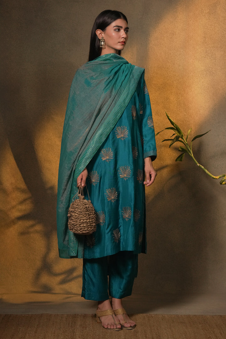 Teal Hand Embroidered Silk Kurta with Pants and Dupatta