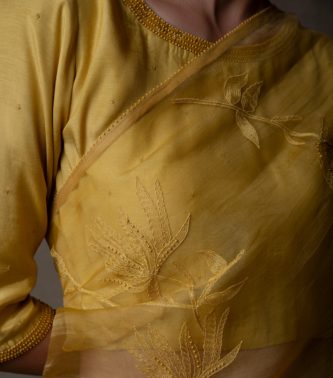 Yellow Hand Embroidered Organza Saree