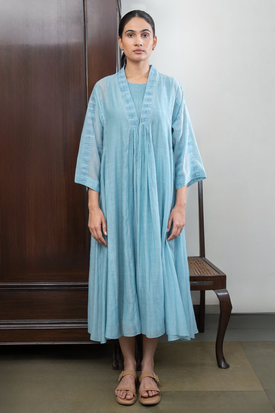 Sky Blue Embroidered Chanderi Cape with Cotton Slip