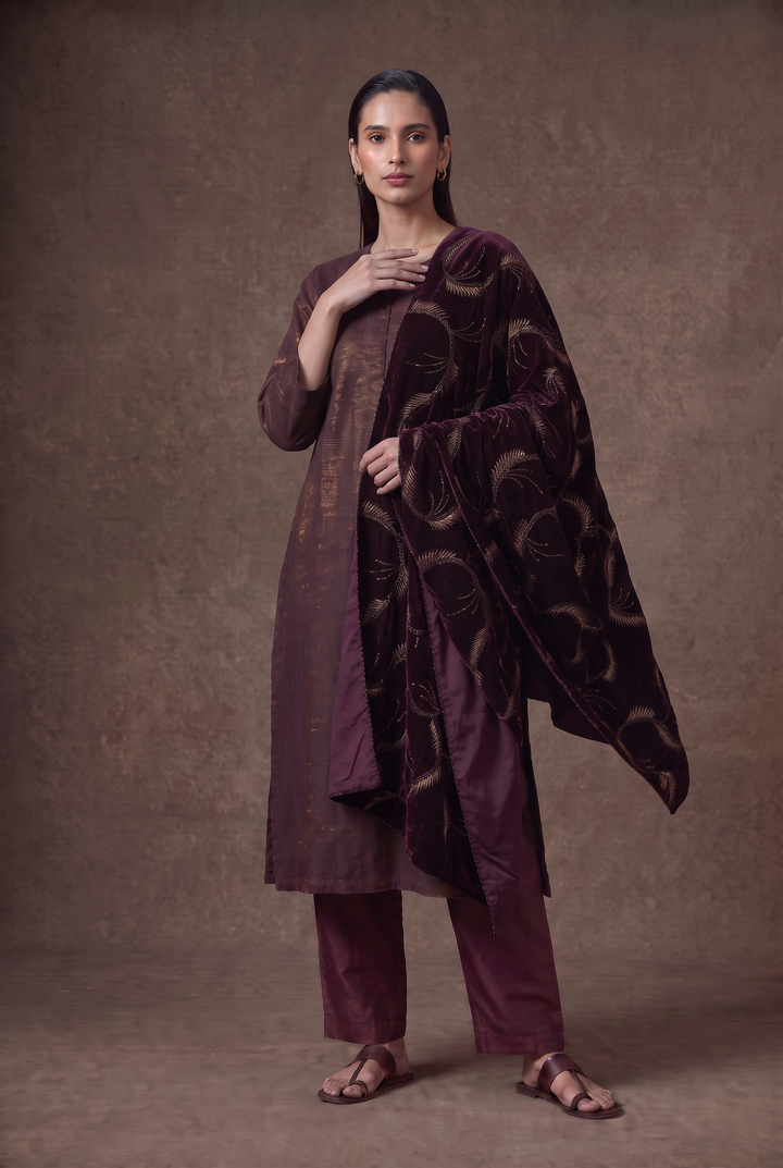 Plum Tissue Kurta Set with Velvet Dupatta