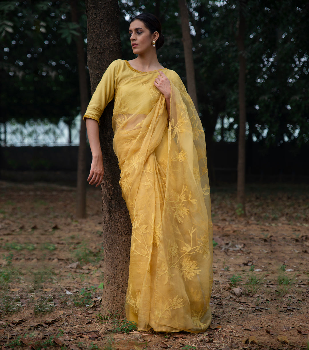 Yellow Hand Embroidered Organza Saree