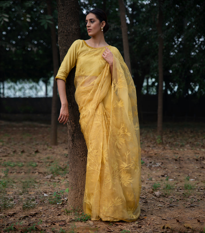 Yellow Hand Embroidered Organza Saree