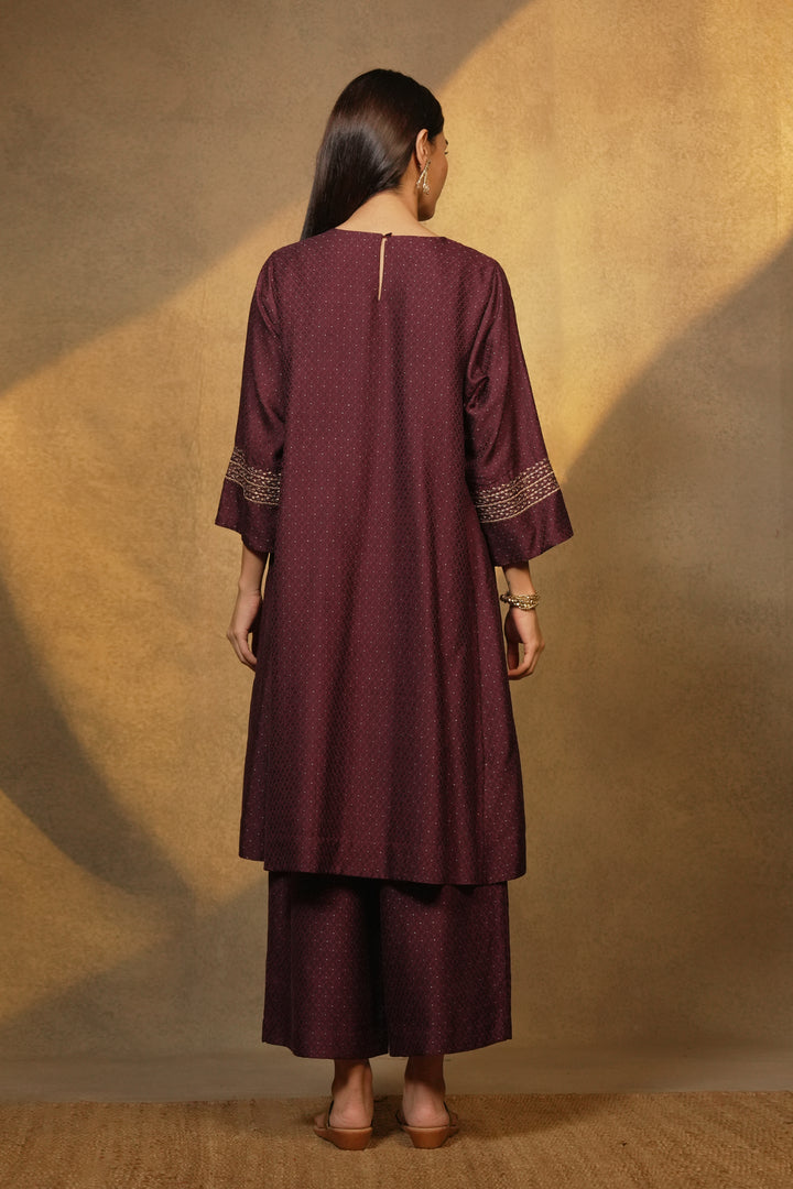 Plum Hand Embroidered Brocade Kurta with Pants and Organza Dupatta
