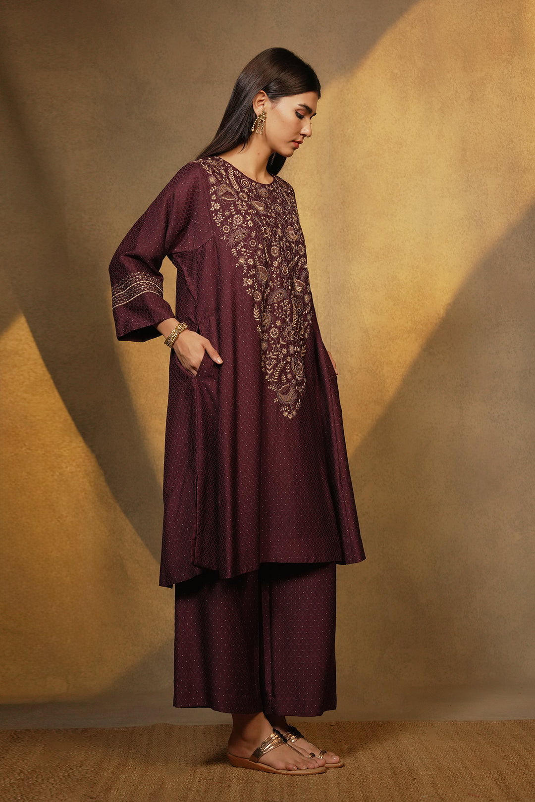 Plum Hand Embroidered Brocade Kurta with Pants and Organza Dupatta