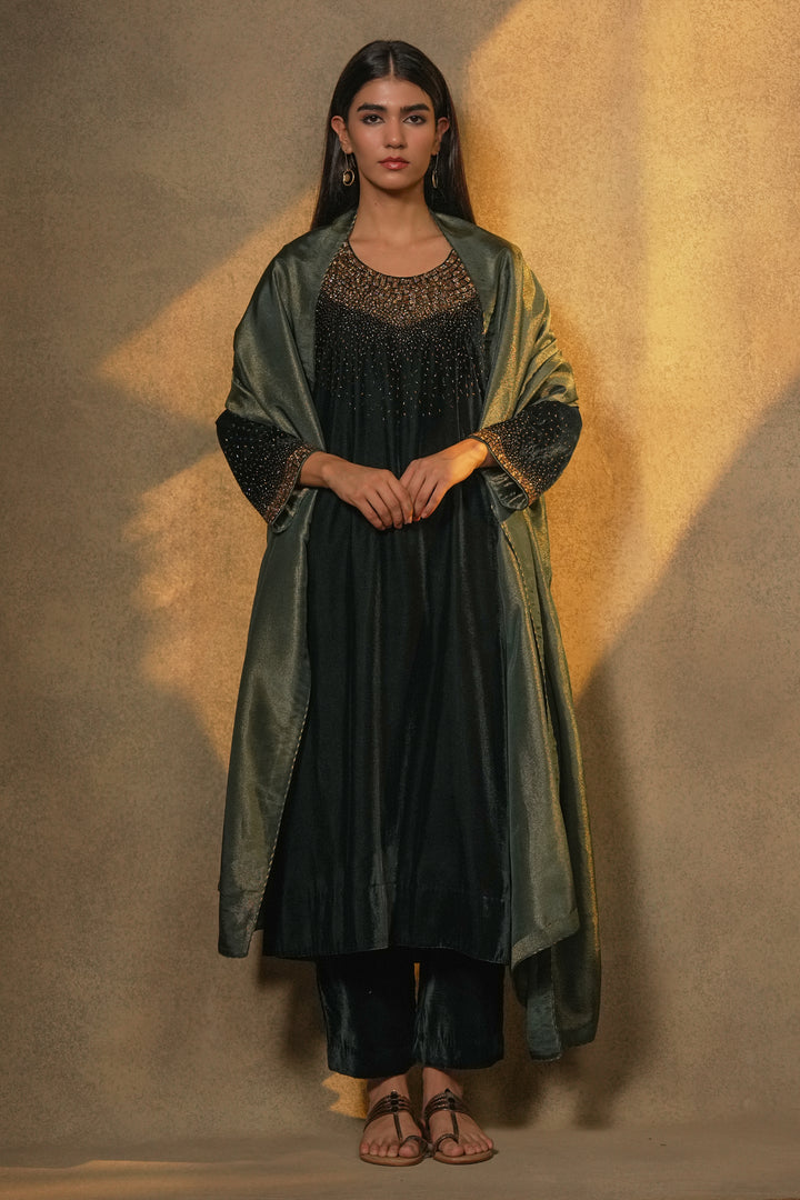 Emerald Green Velvet Kurta with Pants and Tissue Dupatta
