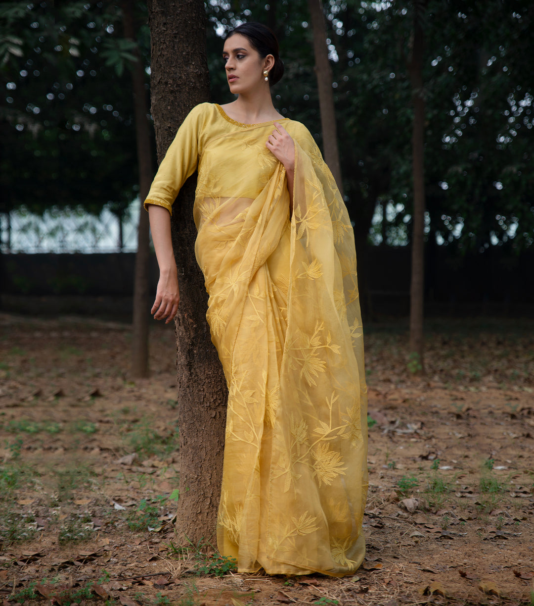 Yellow Hand Embroidered Organza Saree