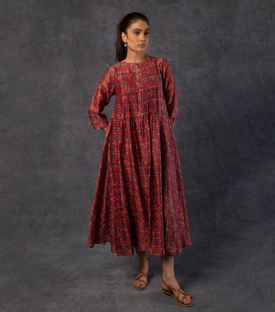 Red Brick Printed Chanderi Dress