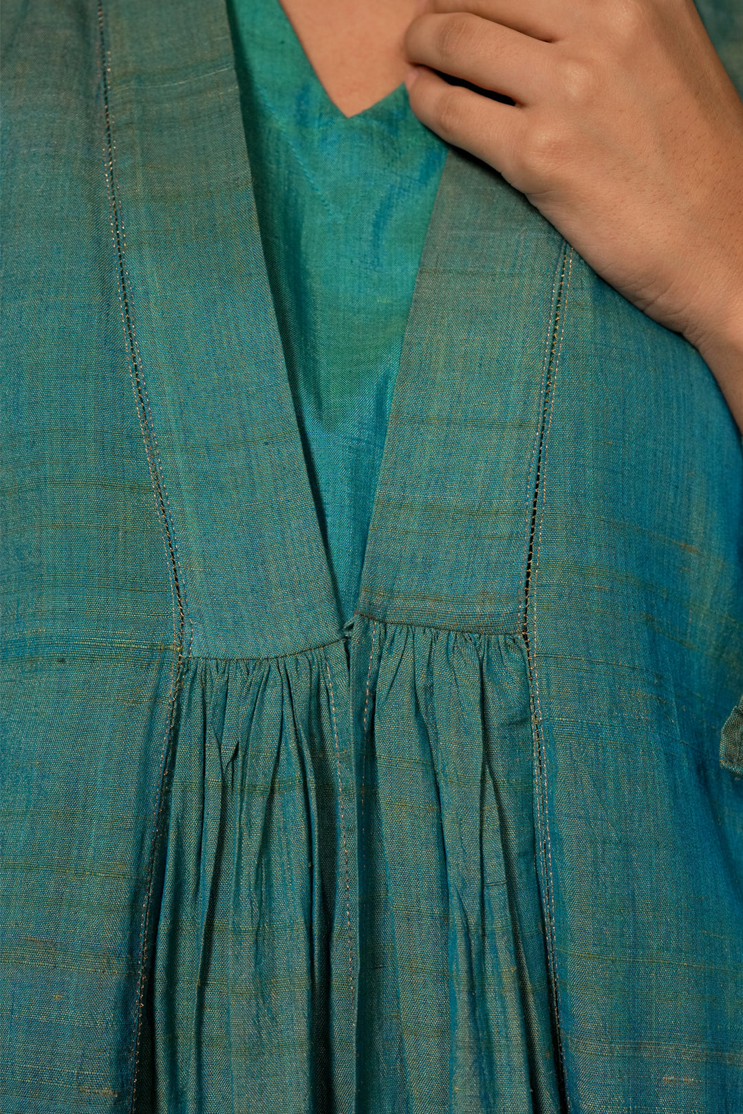 Turquoise Embroidered Silk Cape with Slip and Pants