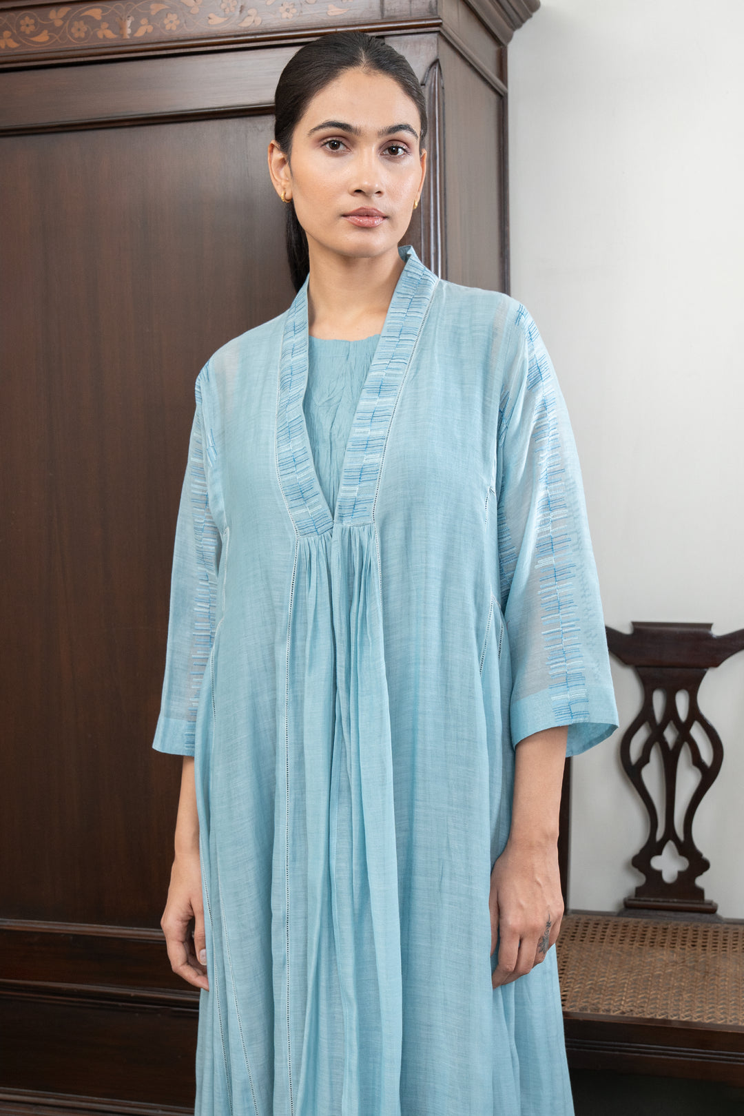 Sky Blue Embroidered Chanderi Cape with Cotton Slip