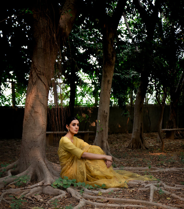 Yellow Hand Embroidered Organza Saree