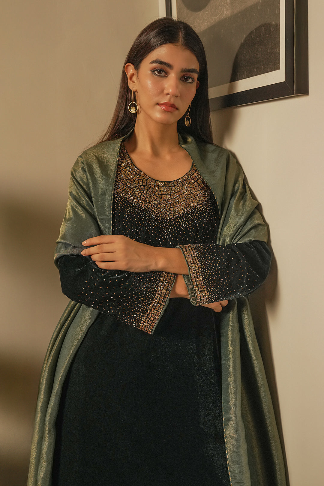 Emerald Green Velvet Kurta with Pants and Tissue Dupatta