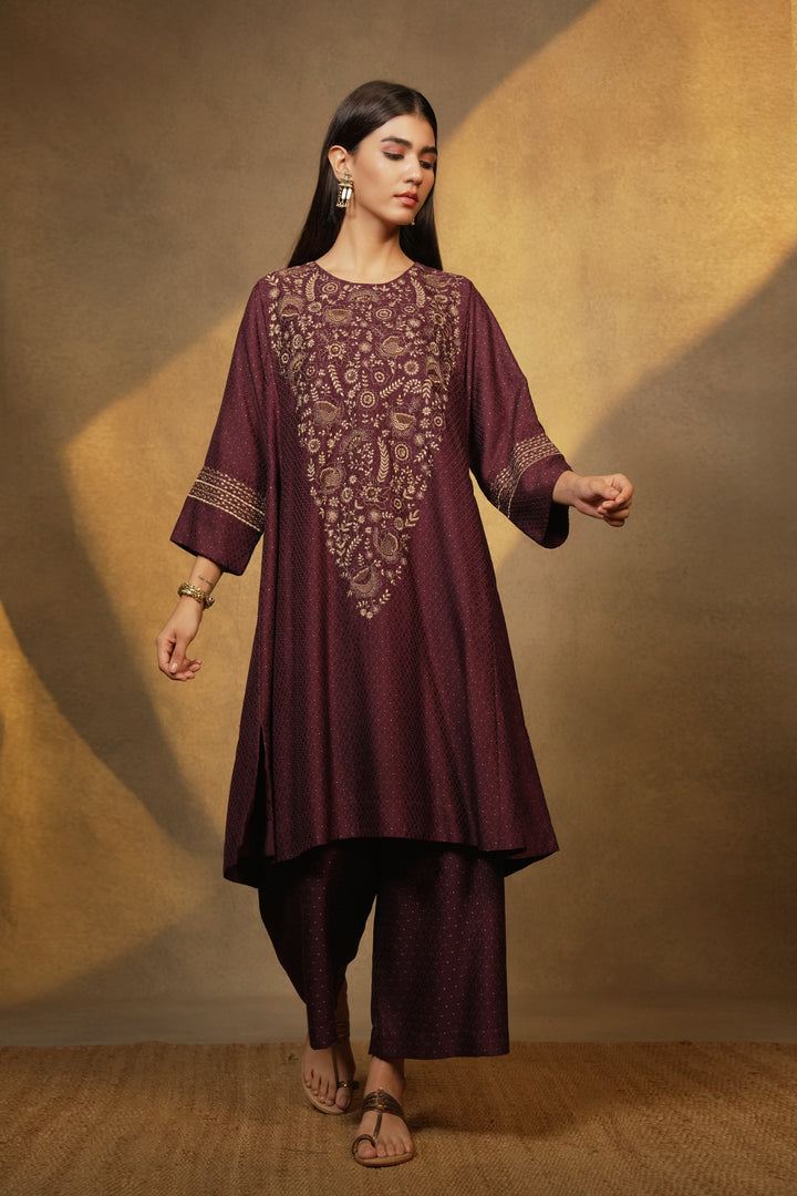 Plum Hand Embroidered Brocade Kurta with Pants and Organza Dupatta