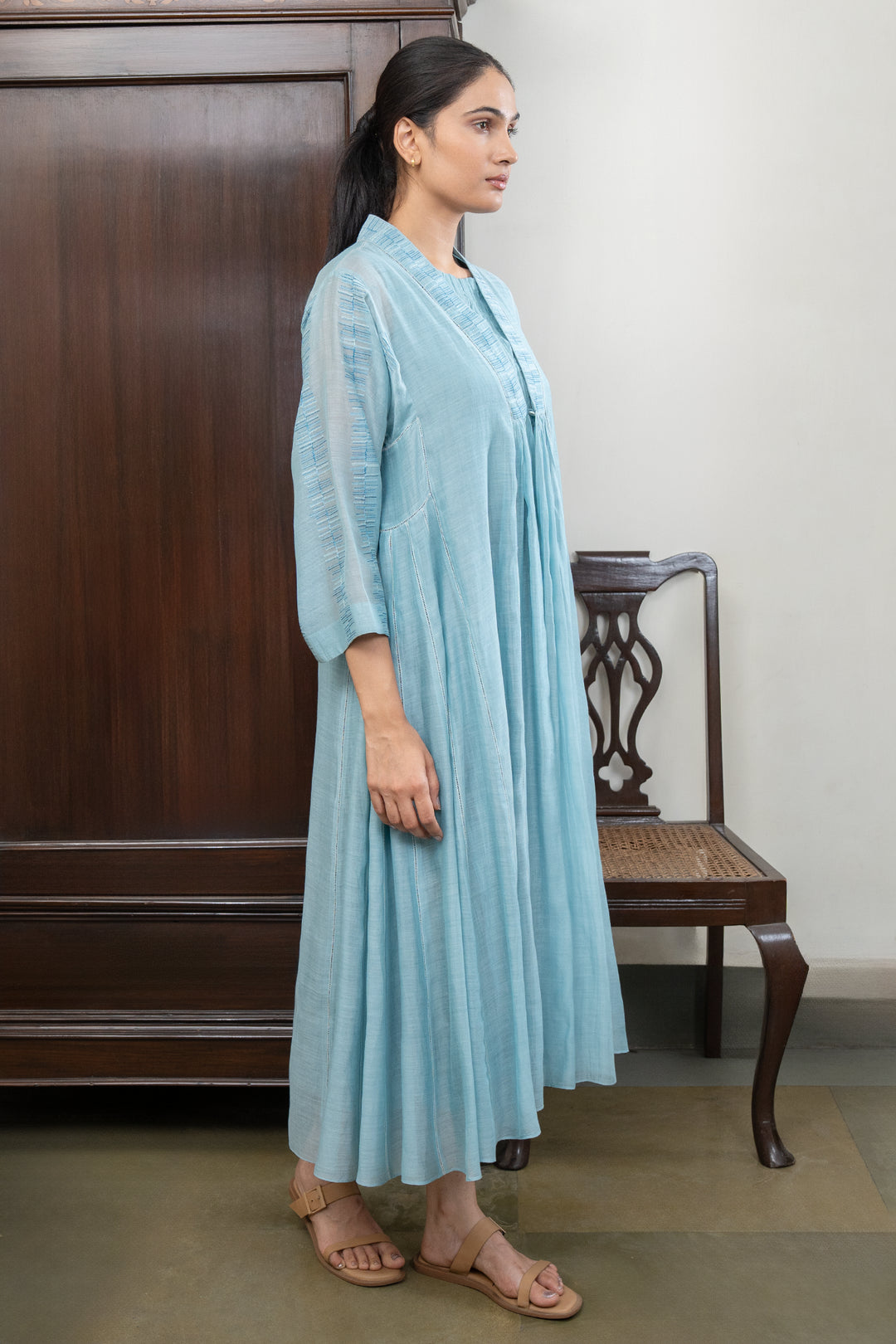 Sky Blue Embroidered Chanderi Cape with Cotton Slip