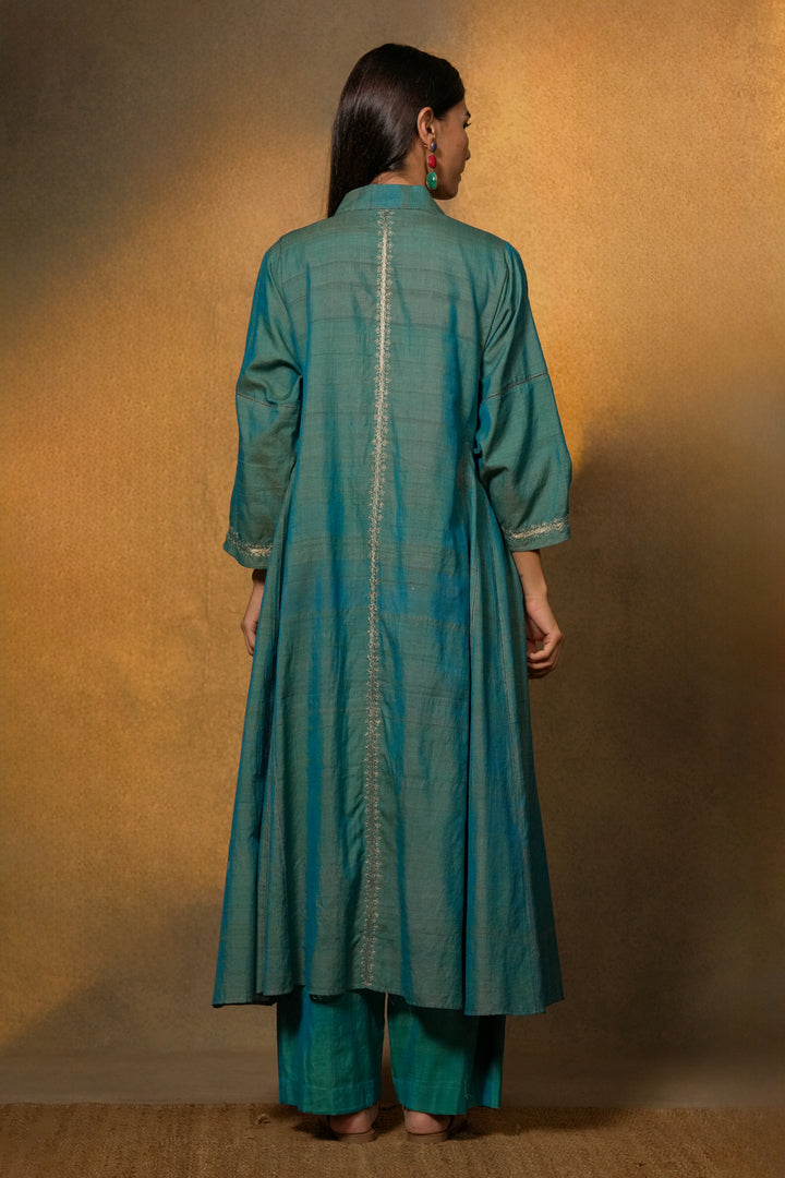 Turquoise Embroidered Silk Cape with Slip and Pants