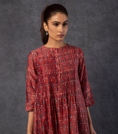 Red Brick Printed Chanderi Dress