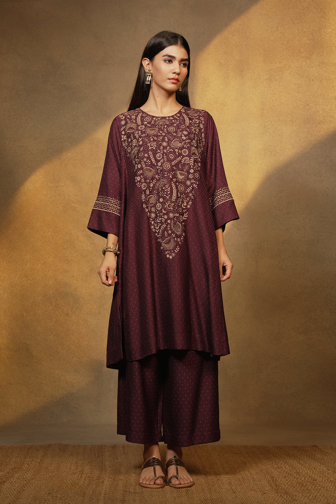 Plum Hand Embroidered Brocade Kurta with Pants and Organza Dupatta