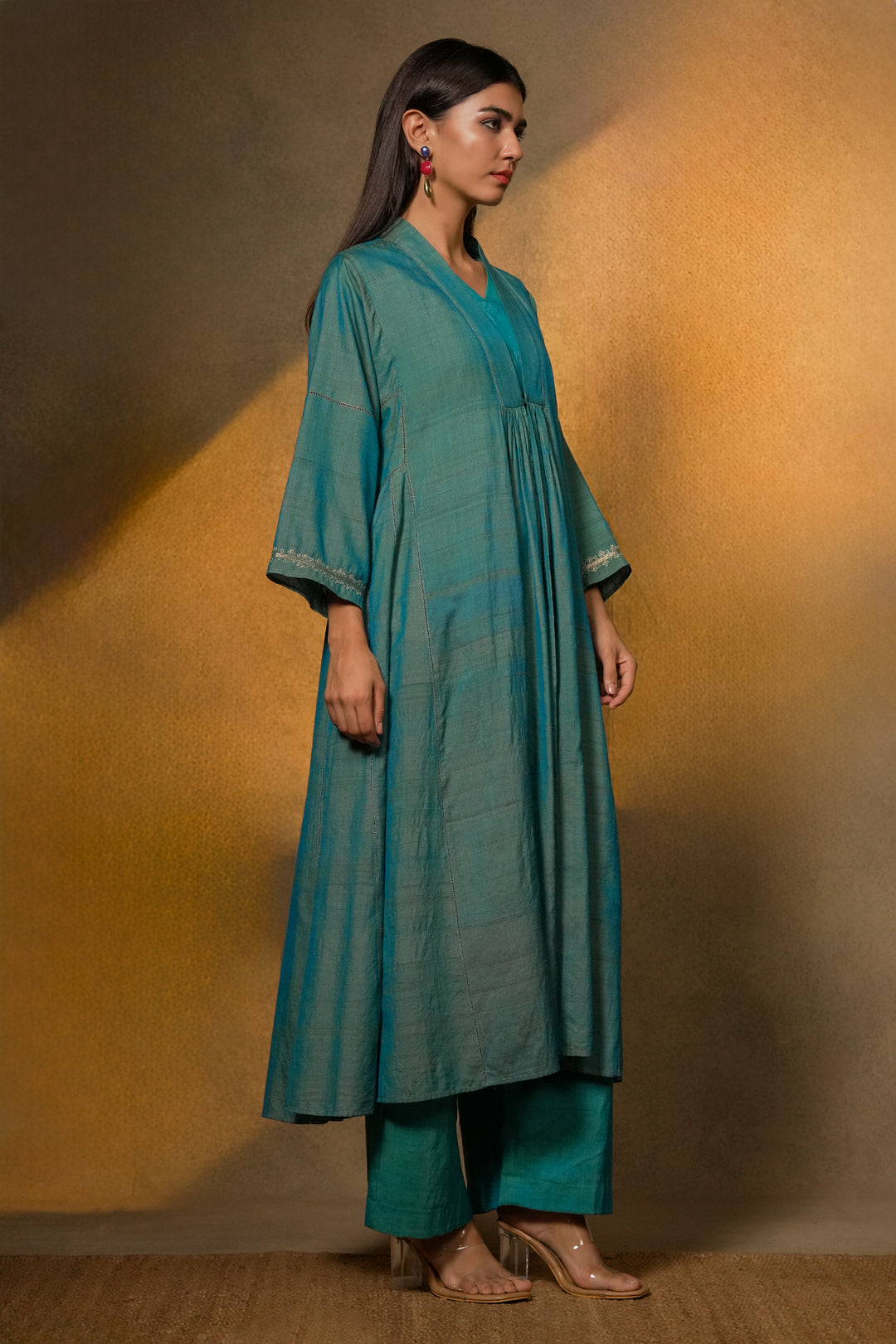 Turquoise Embroidered Silk Cape with Slip and Pants