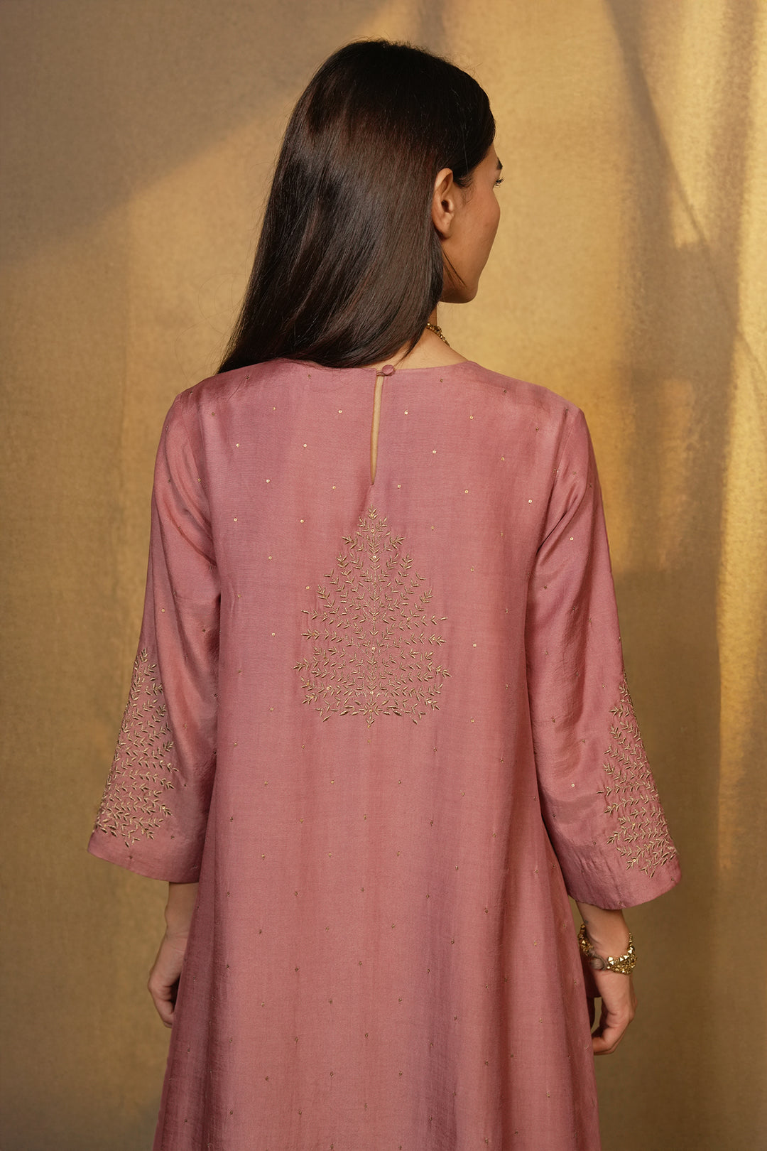 Onion Pink Hand Embroidered Cotton Silk Kurta with Pants and Dupatta