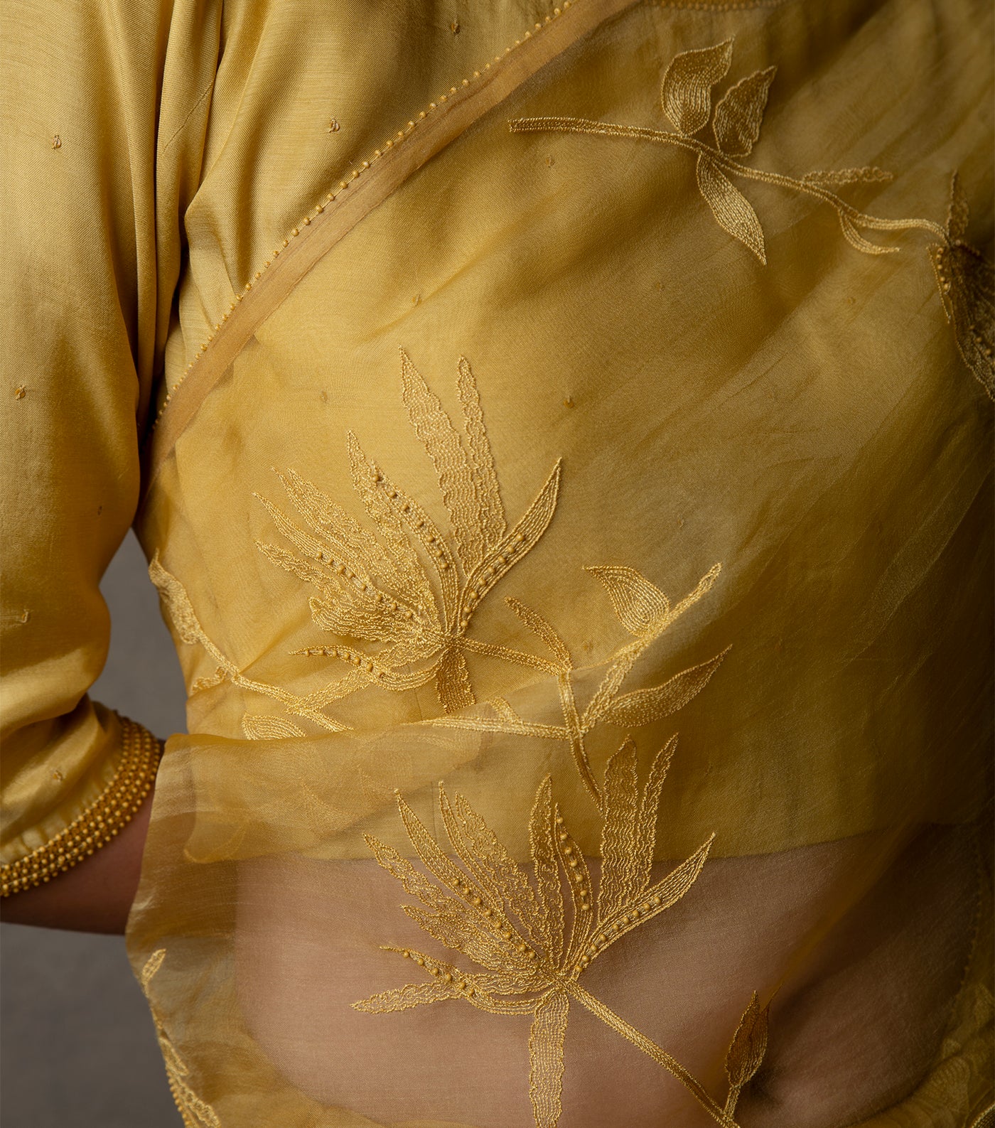 Yellow Hand Embroidered Organza Saree