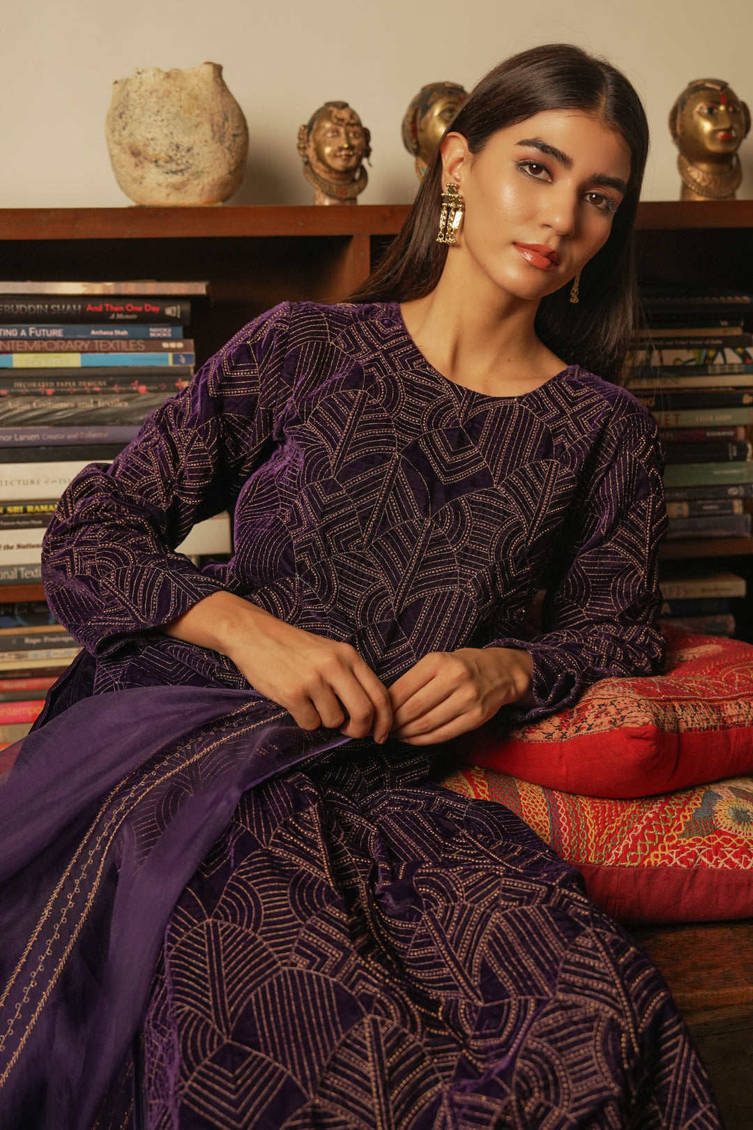 Purple Hand Embroidered Velvet Kurta with Pants and Organza Dupatta