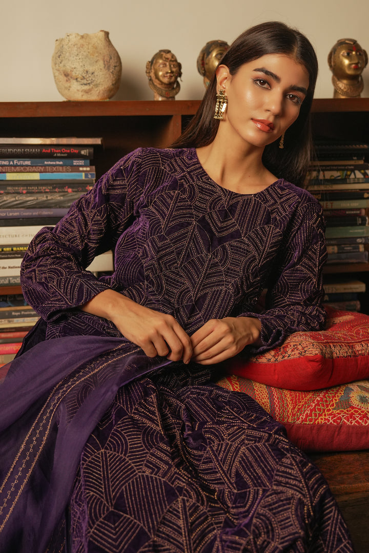Purple Hand Embroidered Velvet Kurta with Pants and Organza Dupatta