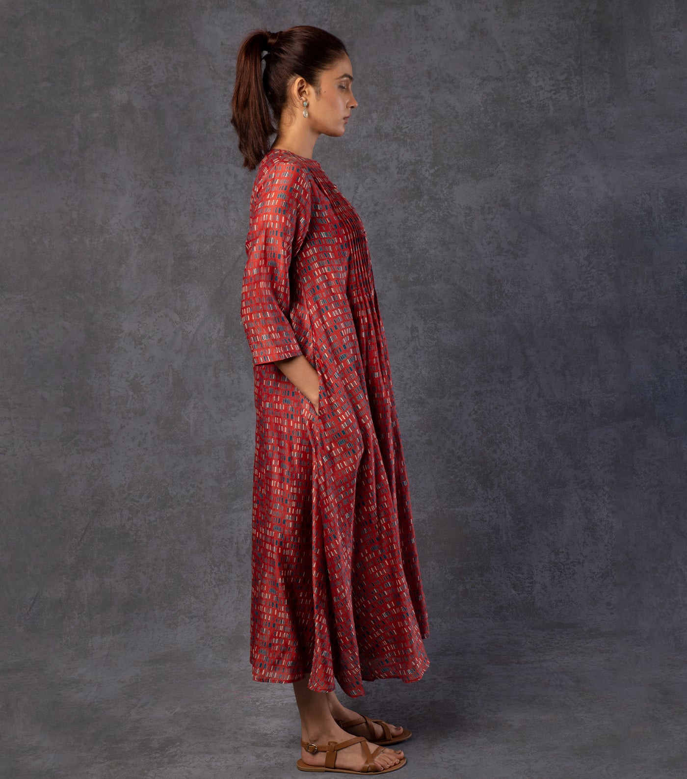 Red Brick Printed Chanderi Dress