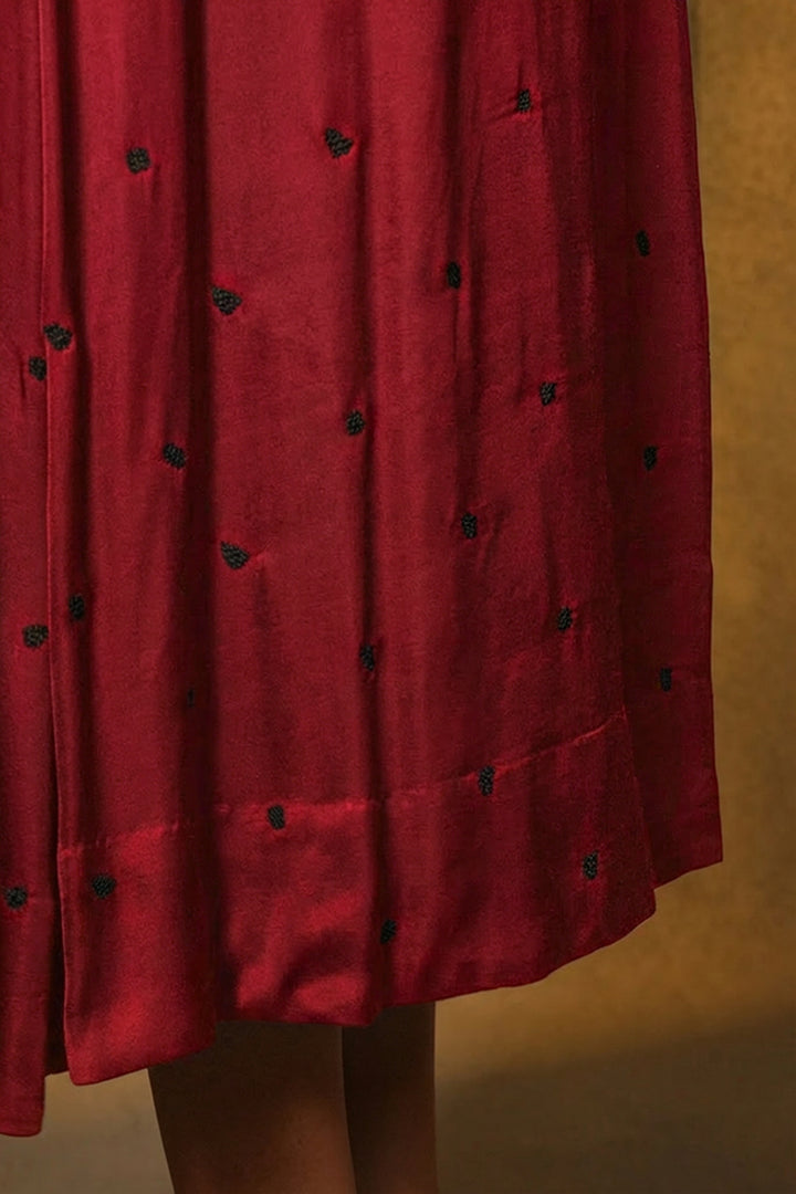 Maroon Embellished Satin Sleeveless Midi Dress