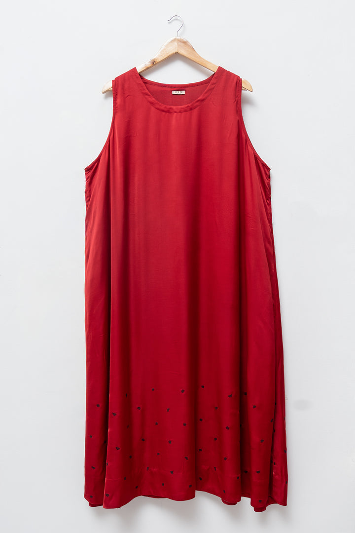 Maroon Embellished Satin Sleeveless Midi Dress