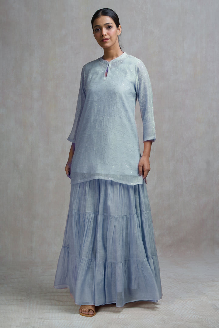 Powder Blue Hand Embroidered Skirt Set with Kurti & Dupatta