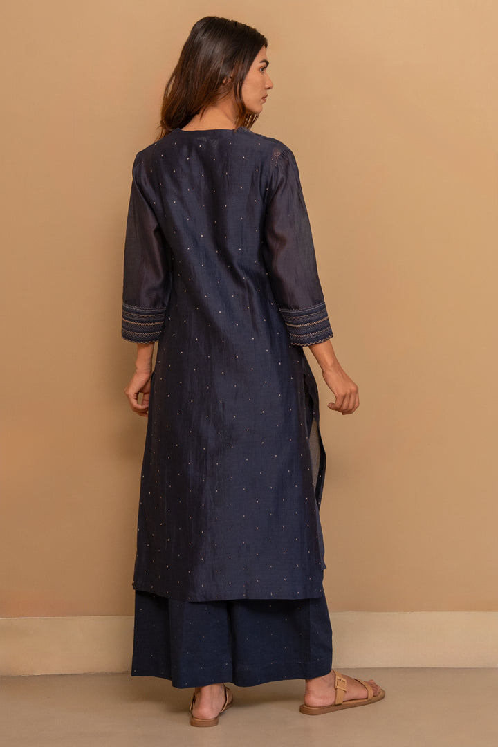 Prussian Blue Embroidered Chanderi Kurta Set
