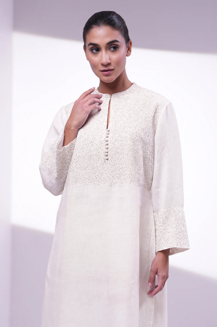 Ivory Embroidered Cotton Linen Kurta