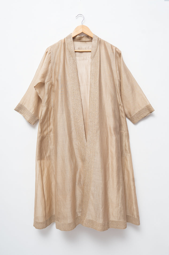 Beige Hand Embroidered Chanderi Cape with Silk Dress and Palazzo