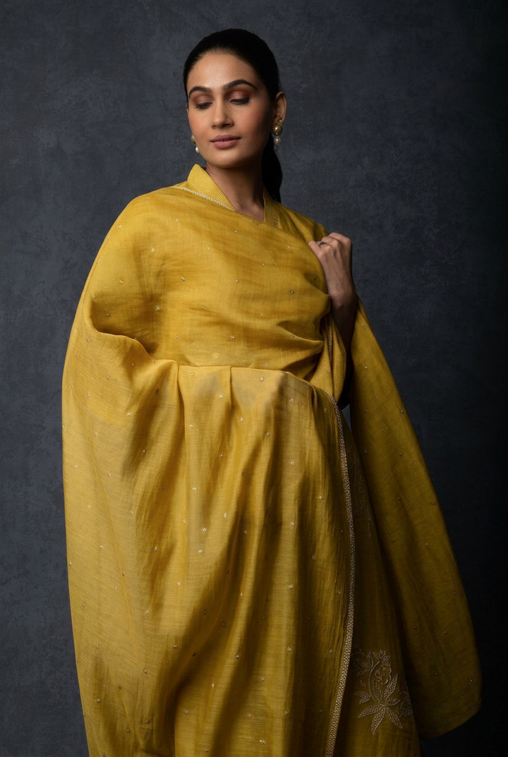 Mustard Embroidered Chanderi Suit Set